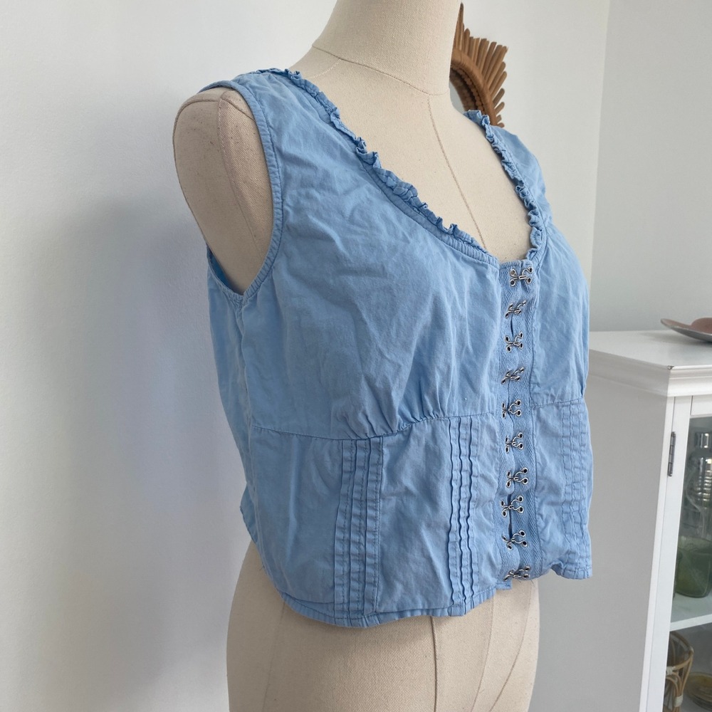 Japna Blue Cotton Corset Babydoll Cropped Tank Top Ruffle Cottagecore L - Picture 3 of 8